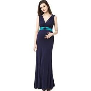 Kimi + Kai Maternity Colorblock Belted V Neck Navy Teal Blue Maxi Dress M